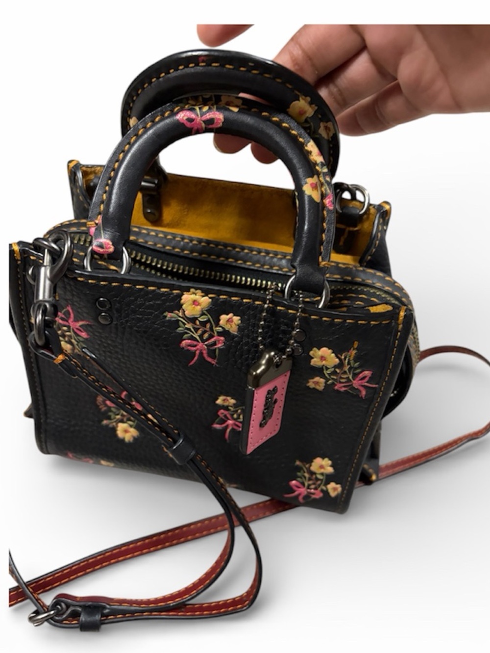 Coach Floral Rogue 17  Leather Mini Satchel - Black with Pink & Yellow Accent